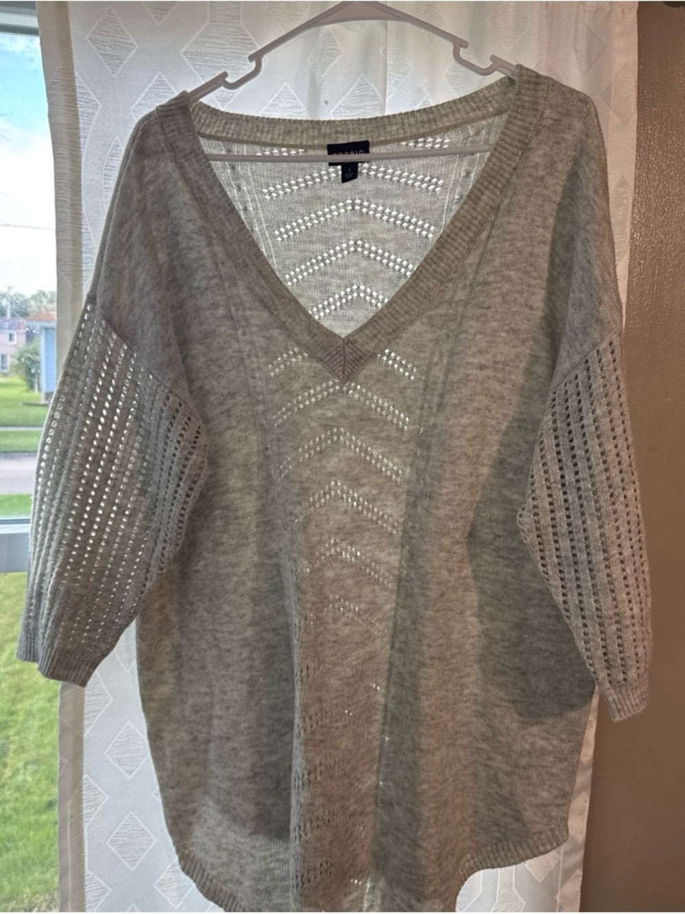 torrid Light Gray V-Neck Openwork Knit Sweater